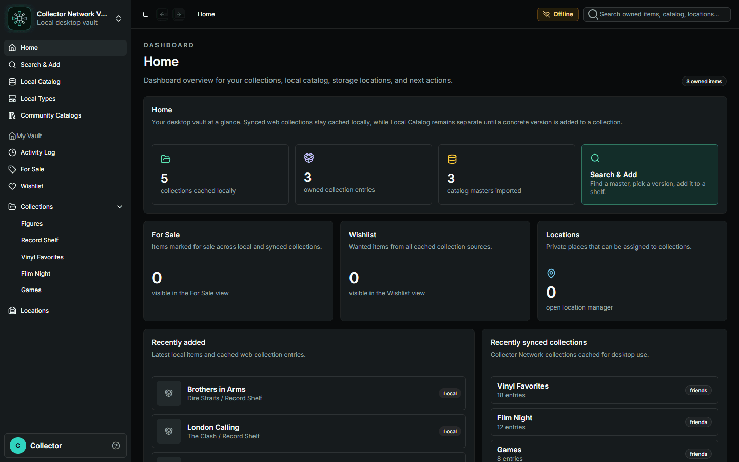 Collector Local Vault dashboard preview with collections, catalog, and Search and Add