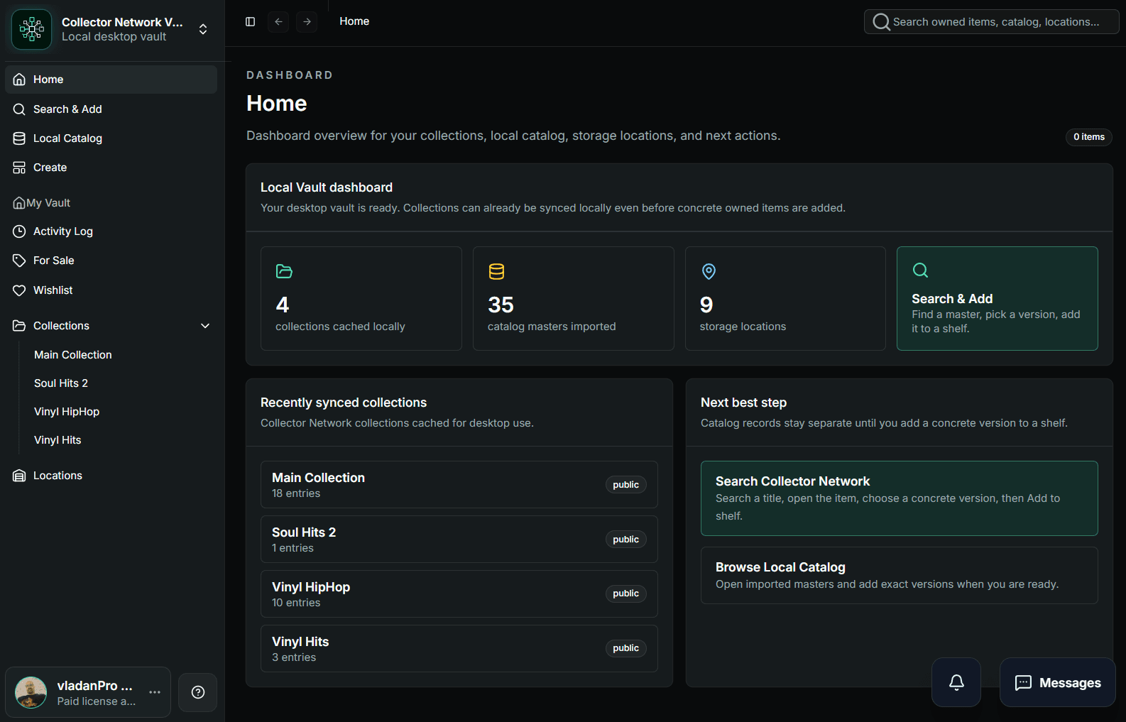 Collector Local Vault dashboard showing local collections, catalog masters, storage locations, and Search and Add